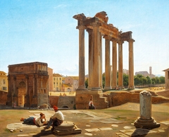 View of the Roman Forum with the Temple of Concordia and the Arch of Septimius Severus seen from the foot of the Capitoline Hill