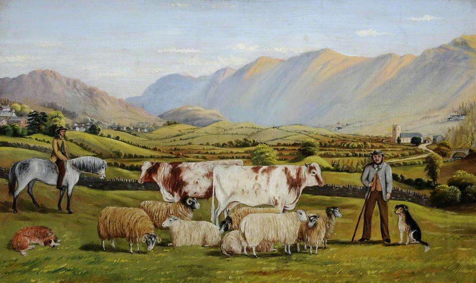 View of Troutbeck with Shorthorn Dairy Cows, and Cheviot and Swaledale Sheep, Figures and Dogs