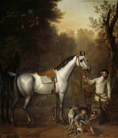 Viscount Weymouth’s Hunt: A Groom holding a Saddled Grey Hunter with Hounds and Terriers by John Wootton
