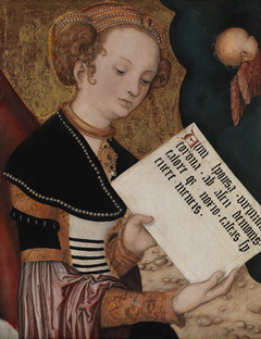 Weibliche Heilige (Heilige Agnes?) mit Schriftblatt, verso: Fragment einer Maria der Verkündigung by Lucas Cranach the Elder