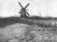 Windmill with church towers in the distance by Piet Mondrian