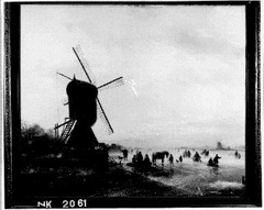 Windmolen aan een bevroren waterweg met schaatsers by Charles Leickert