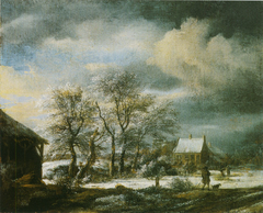 Winter landscape with a snow covered tree group by Jacob van Ruisdael