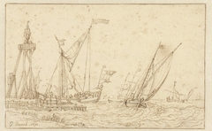 Zeilschepen bij een steiger met een grote lantaarn by Jacobus Storck