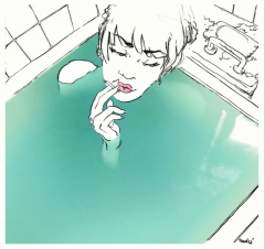 a bathtub filled to the brim with water, and a girl