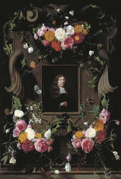 A cartouche surrounded by garlands of roses, thistle, holly and other flowers and butterflies with a later portrait of a gentleman