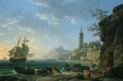 A coastal Mediterranean landscape with a Dutch merchantman in a bay