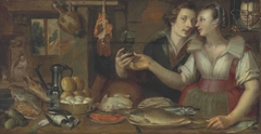 A kitchen interior with a maid and a young man