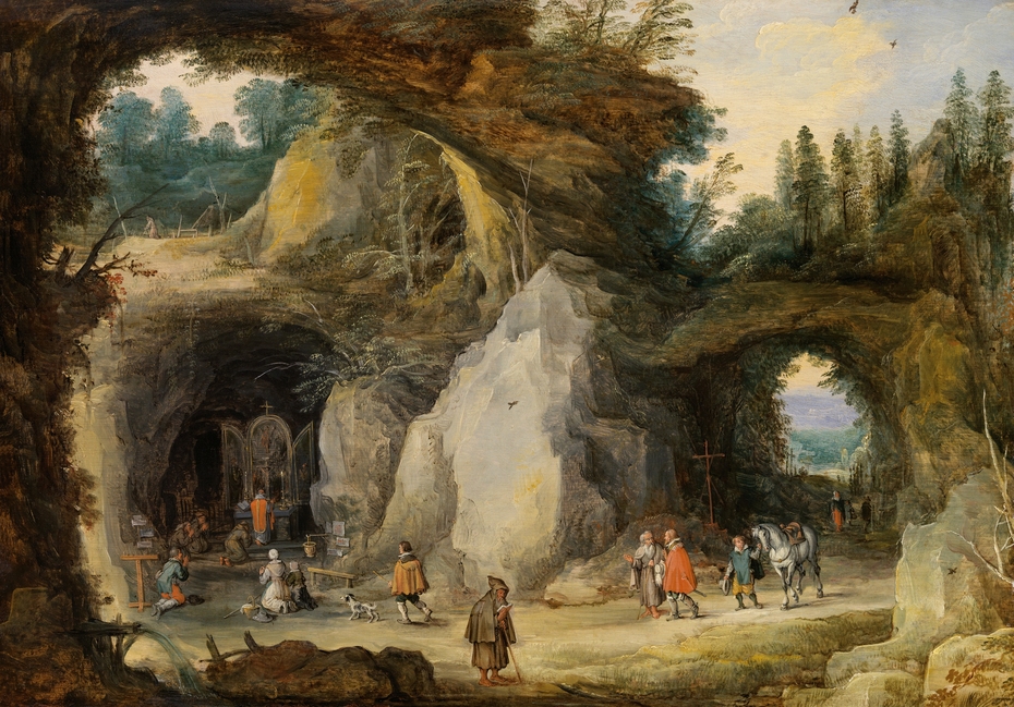 A Mountainous Landscape with Pilgrims at a Chapel in a Grotto
