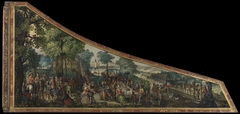 A painting on a harpsichord lid with a party by a river by Philip Schey