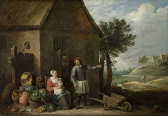 A peasant with his wife and child in front of the farmhouse