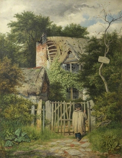 A Small Boy standing at the Gate of a Ruined Cottage