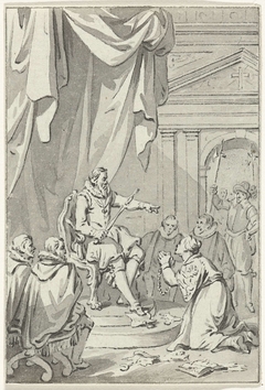 Allegorie op de invoering van de tiende penning; de Nederlandse maagd geknield voor Alva temidden van verscheurde privileges, 1571 by Jacobus Buys