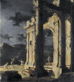 An architectural capriccio with figures amongst ruins under a stormy night sky