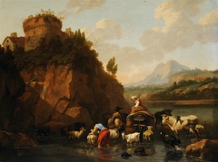 An Italianate Landscape with Herdsmen, Cattle and Goats by Anonymous
