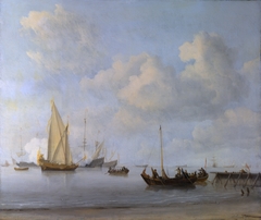 Boats pulling out to a Yacht in a Calm by Willem van de Velde the Younger