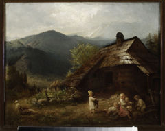 Children in front of a mountain Cottage by Aleksander Kotsis