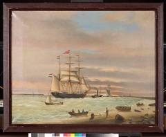 De bark 'Nereus', onder gezag van kapitein Johannes Schrier, gesleept door een radersleepboot tussen de pieren van Hoek van Holland by anonymous painter