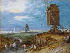 Extensive landscape with mills, peasants and carriages in the foreground