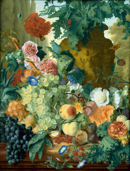 Fruit and Flowers in front of a Garden Vase with an Opium Poppy and a Row of Cypresses