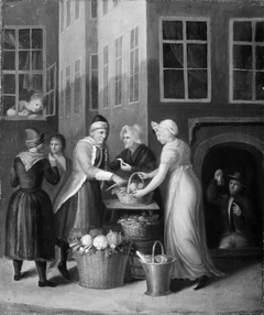 Gadescene i København ved år 1800. En pige gør indkøb af grøntsager hos Amagerkonen by Anonymous