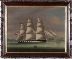 Het fregatschip 'Cornelia' van rederij P. de Boer uit Rotterdam, varend voor een oosterse kust, mogelijk het eiland Lintin te China by China anoniem