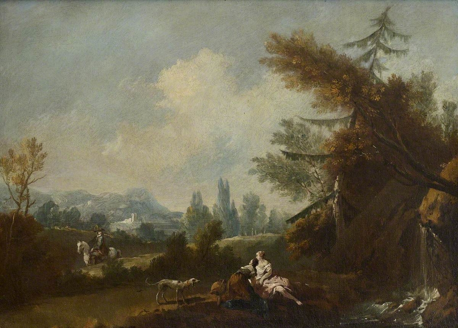 Hilly Landscape with two Country Women and a Dog by a Small Waterfall and a Rider on a Road