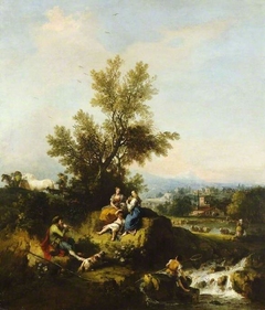 Italianate wooded river landscape with a piping shepherd, two women and a child by Francesco Zuccarelli