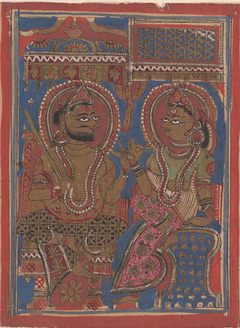 King Siddhartha Tells Queen Trisala the Meaning of the Fourteen Dreams (left) and The Interpretation of Dreams (right): Folio from a Kalpasutra Manuscript