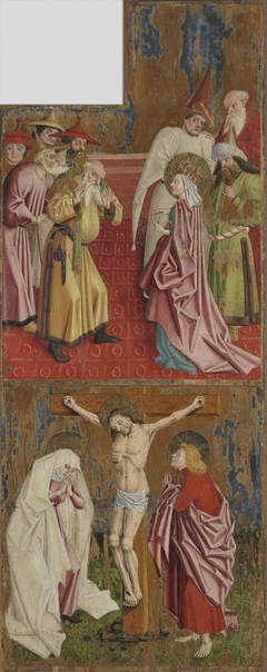 Kreuzaltar, Flügelaußenseite: Die Kaiserin Helena befragt die Juden und Kreuzigung Christi by Meister der Pollinger Tafeln