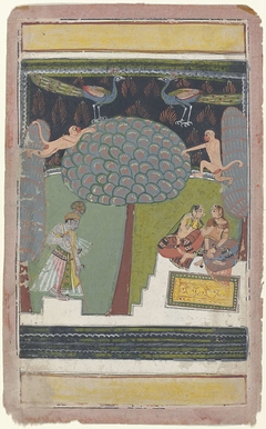 Krishna en twee vrouwen in een tuin met bomen, apen en pauwen by Unknown Artist