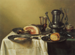 Laid Table with Ham and a Roll by Willem Claeszoon Heda