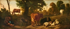 Landscape with Cattle, Sheep, a Horse, a Goat and a Courting Couple of Rustics by Dirck van der Bergen