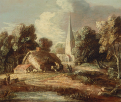 Landscape with cottage and church by Thomas Gainsborough