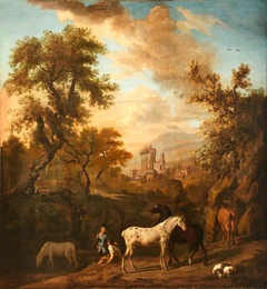 Landscape with Figures, Horses and a Dog, and Ruins in the distance by Dirck van der Bergen