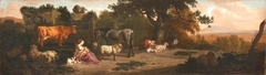 Landscape with Nursing Herdswoman, Sleeping Herdsman and a Cow, a Horse, and Sheep by Dirck van der Bergen
