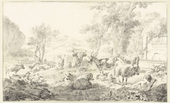 Liggende herderin met een kudde schapen en koeien by Simon van der Does