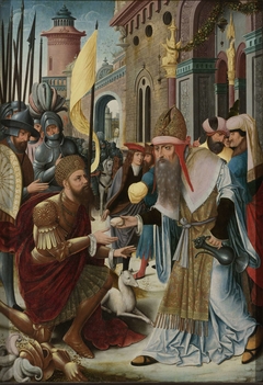 Meeting of Abraham and Melchizedek (inner, left wing of a triptych)