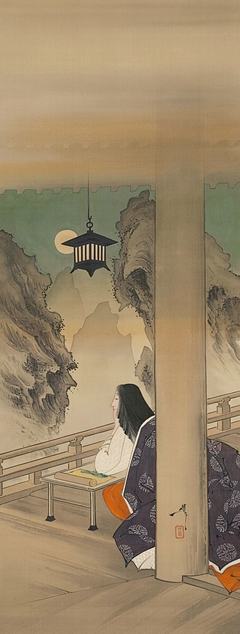 Murasaki Shikibu at Ishiyamadera Temple, based on the print “The Moon at Ishiyama,” from the series One Hundred Aspects of the Moon (Tsuki hyakushi: Ishiyama no tsuki) by Yoshitoshi