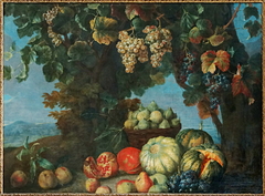 Nature morte de fruits et de raisins dans un paysage