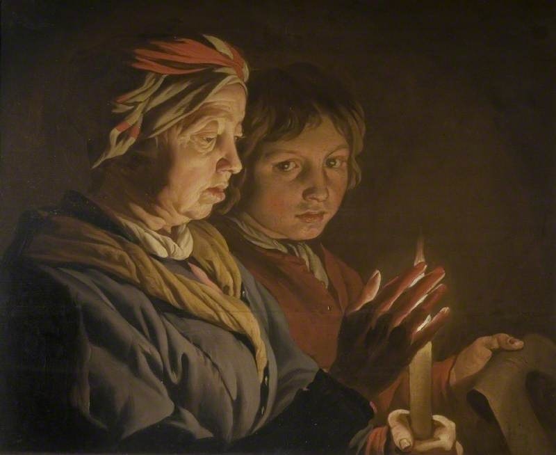 Old Woman And A Boy By Candlelight