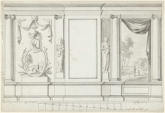 Ontwerp voor kamerversiering met twee panelen met landschappen geflankeerd door een standbeeld van een vrouw by Abraham Meertens