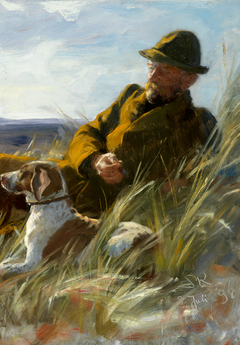 Overplantør C. F. Dahlerup med jagthund. by Peder Severin Krøyer