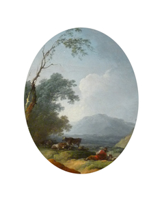 Paysage ovale avec un berger se reposant au bord d'un ruisseau