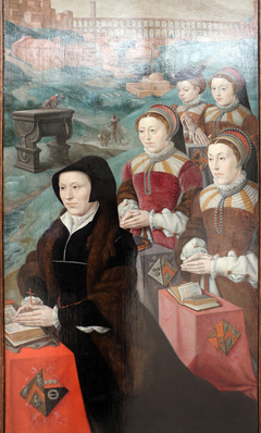 Portrait of Livina Cats van Welle, echtgenote van Jan Micault, met haar vier dochters by Jan Cornelisz Vermeyen