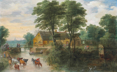 River landscape with cottages and cattle, Antwerp in the distance
