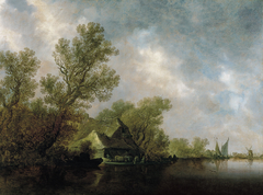 River Landscape with Ferry Boat and Cottages by Jan van Goyen