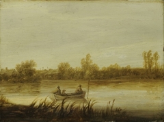 River landscape with fishermen in a rowboat