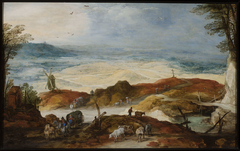 Sandy landscape with travellers and cattle by Joos de Momper the Younger