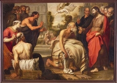Schoorsteenstuk uit de Regentenkamer van het Gasthuis aan de Hoogstraat: Christus geneest een bedlegerige man in het bad Bethesda (Joh. 5: 1-9)